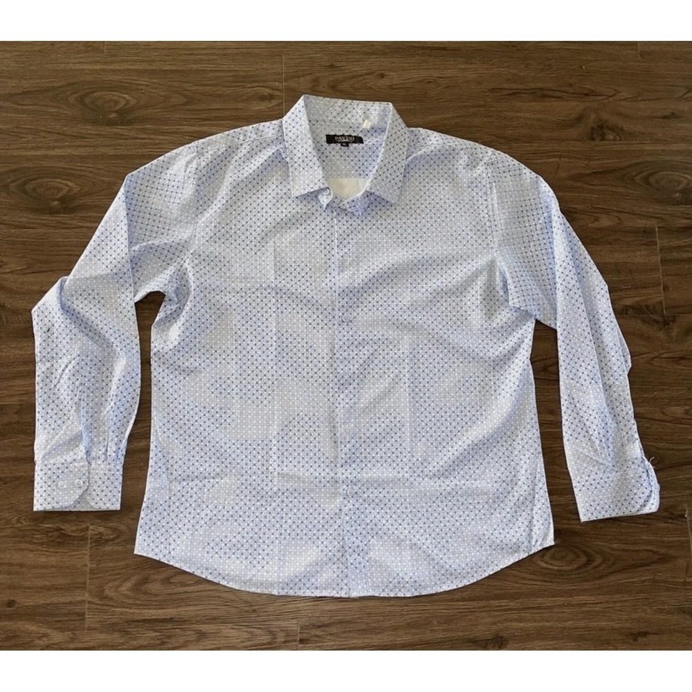 Pavini Dress Shirt Mens XL Blue Geometric Cotton Blend Stretch Long Sleeve